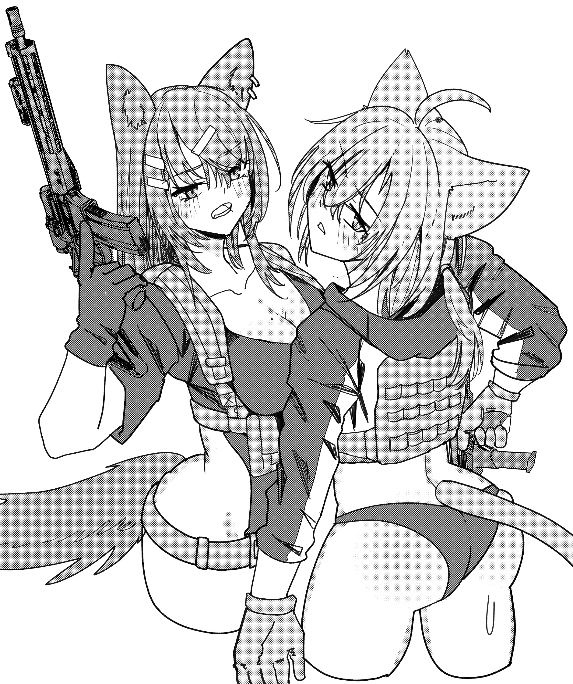 Elly and another feline Karibito posing with tactical equipment