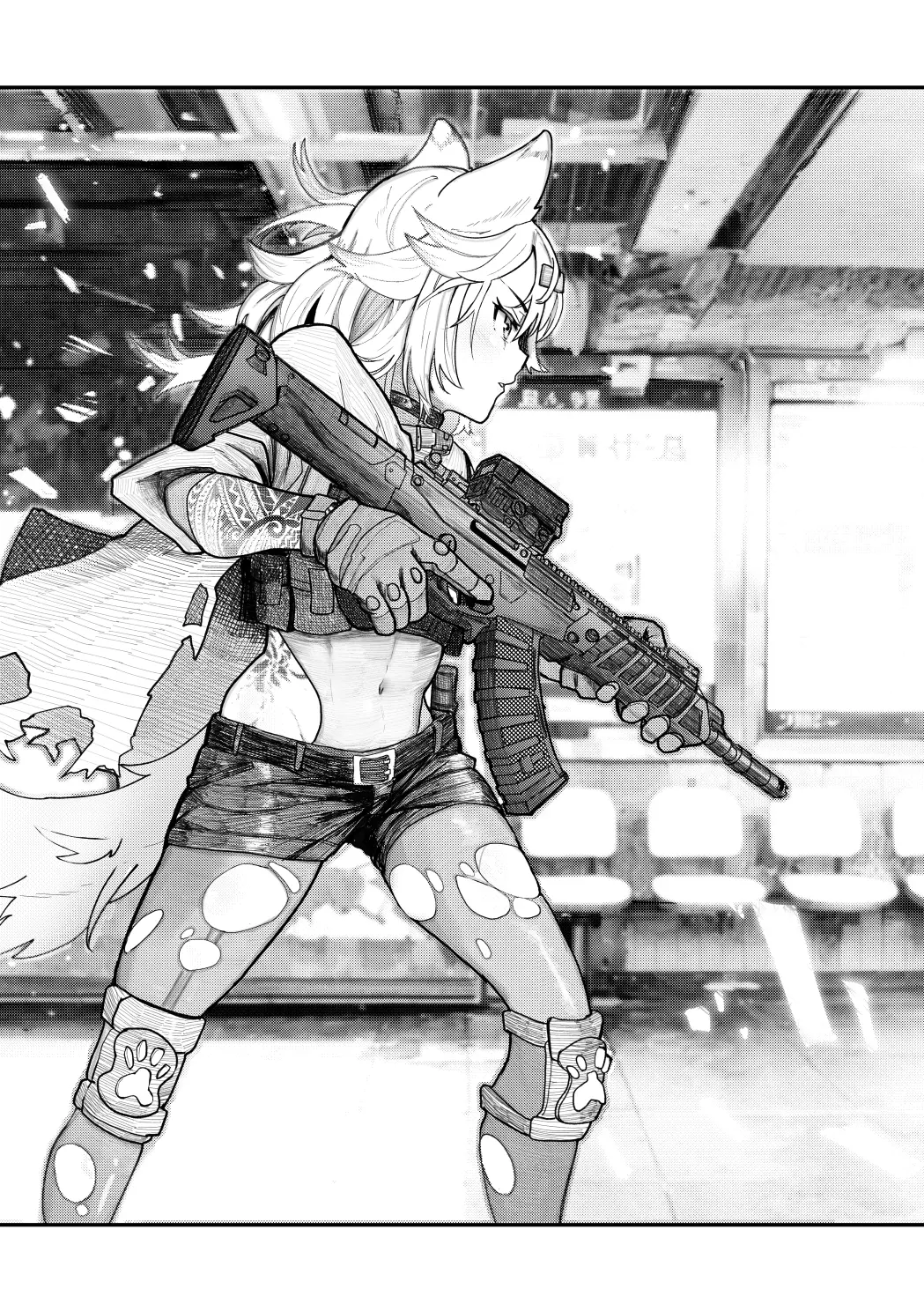 Karibito operator moving through an interior with a rifle