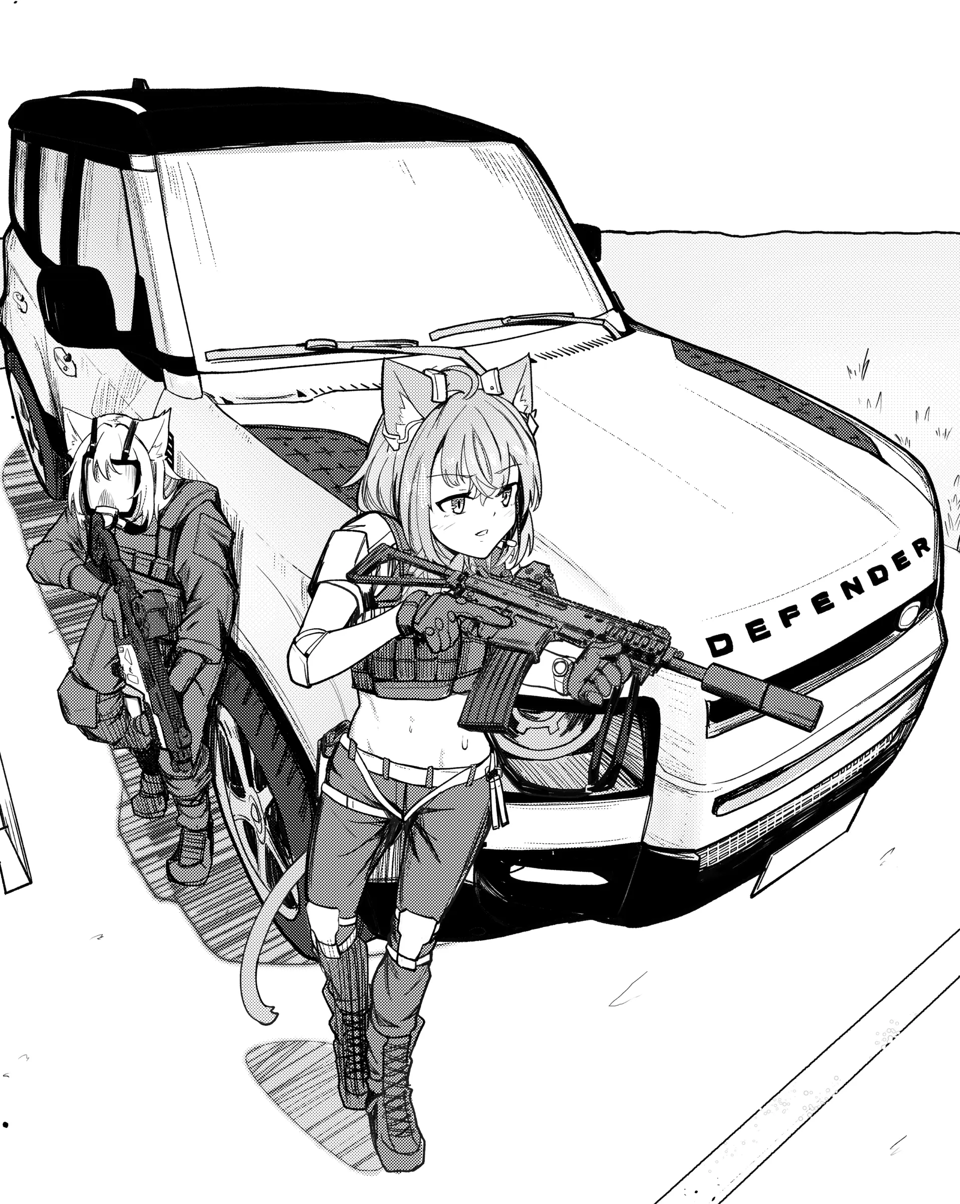 Karibito operator standing in front of an armored vehicle