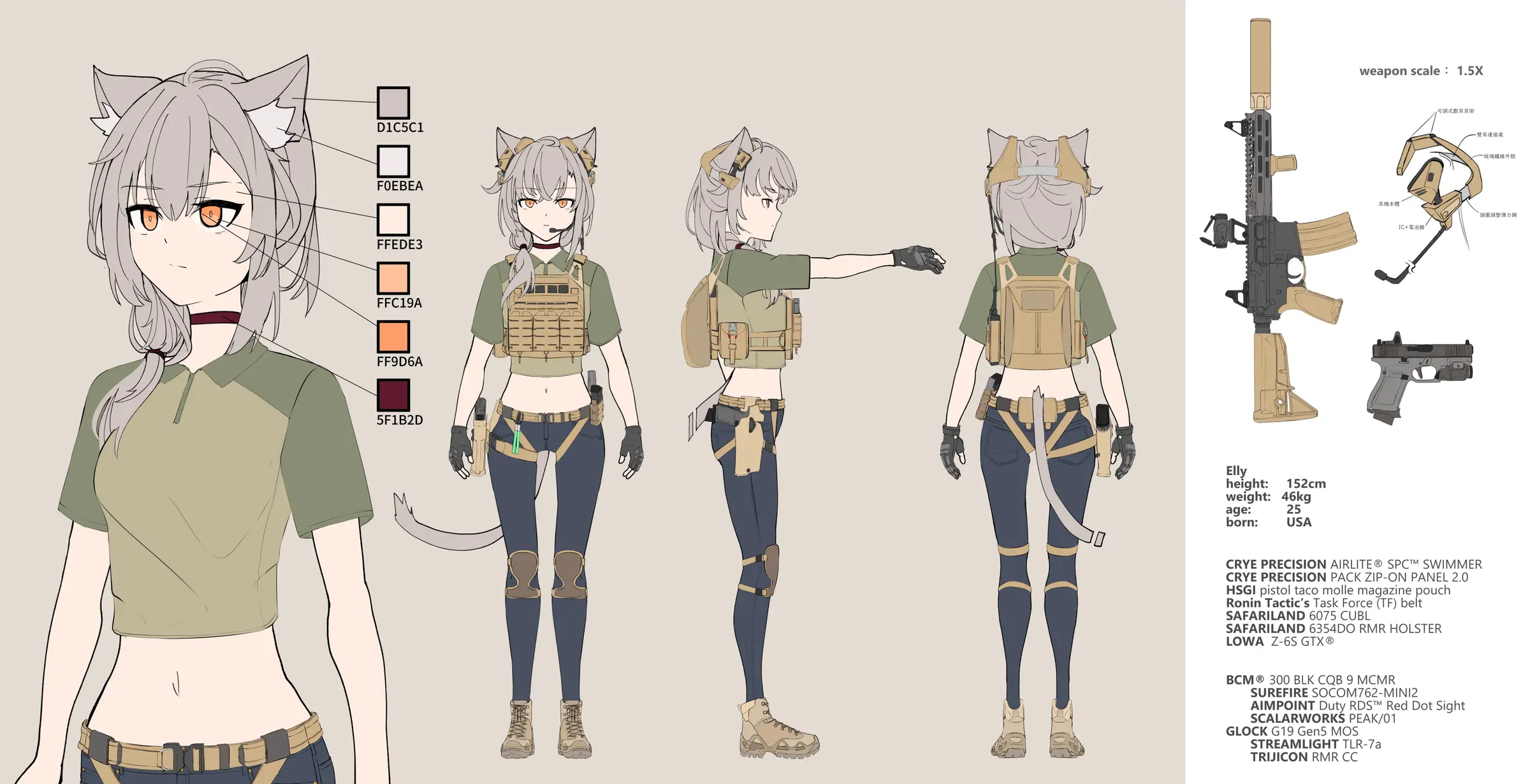 Elly three-view character and tactical equipment design sheet