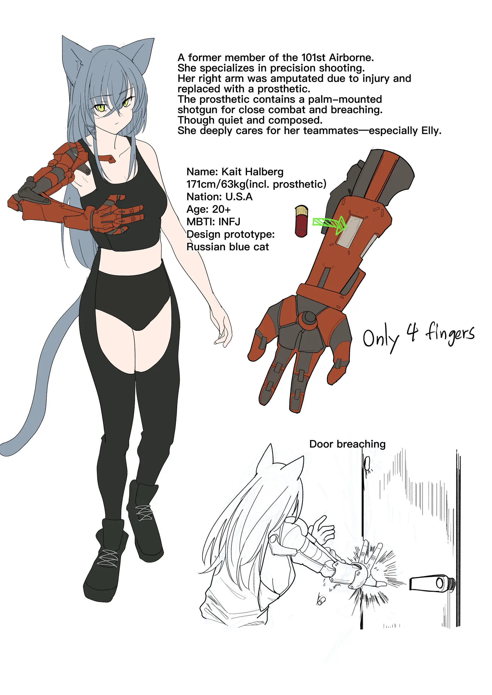 Kait Halberg character and prosthetic arm profile sheet
